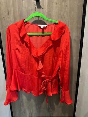 POPSUGAR Red Ruffle Wrap Blouse Tie Waist Bell Sleeve Size L